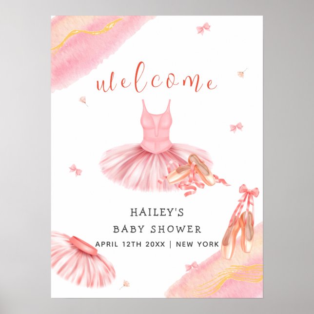 Poster Chá de fraldas Elegante rosa Ballerina de boas-vin (Frente)