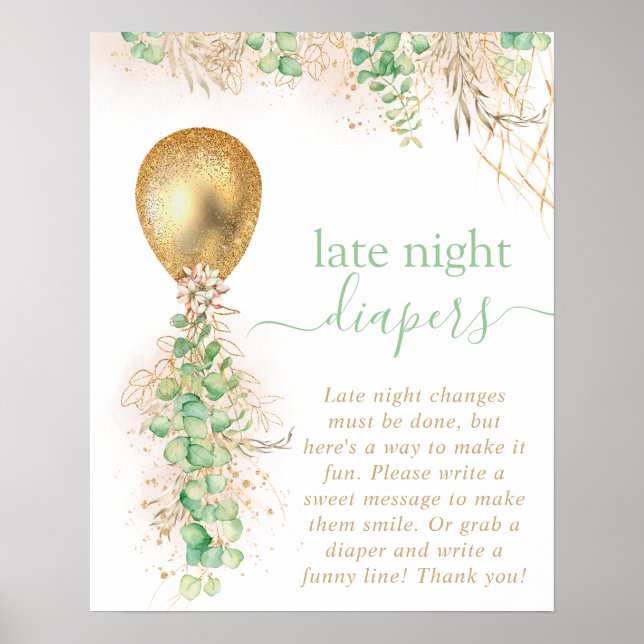 Poster Chá de fraldas Eucalyptus Balloon Fraldas Noturnas (Frente)