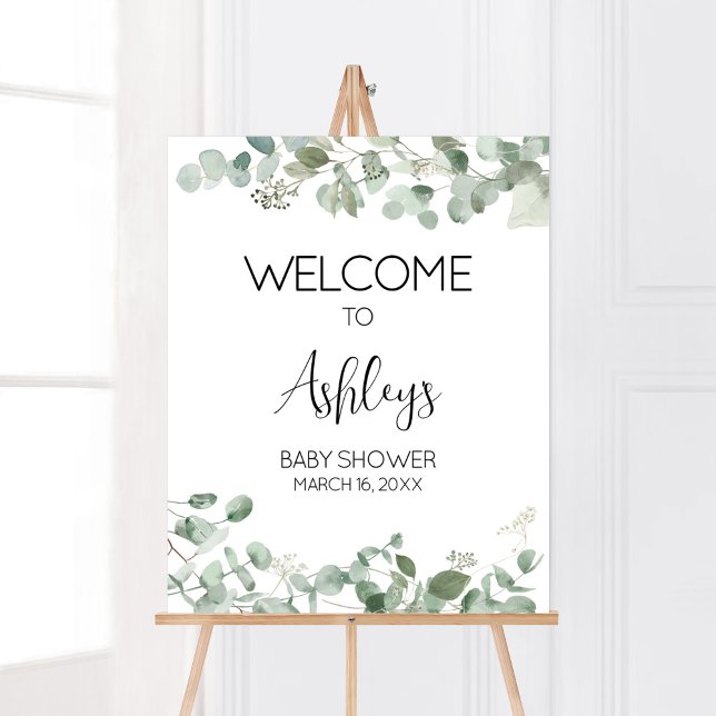 Poster Chá de fraldas Eucalyptus Greenery Bem-vindo (Oh Baby Greenery Baby Shower Welcome Sign)