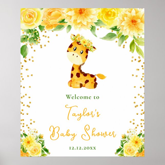 Poster Chá de fraldas Floral Amarelo Giraffe Bem-vindo (Frente)