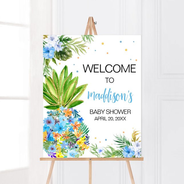 Poster Chá de fraldas Floral Azul Abacaxi Bem-vindo (Blue Gold Pineapple Baby Shower Welcome Sign)