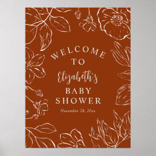 Poster Chá de fraldas Floral Botânico Laranja Queimado Be