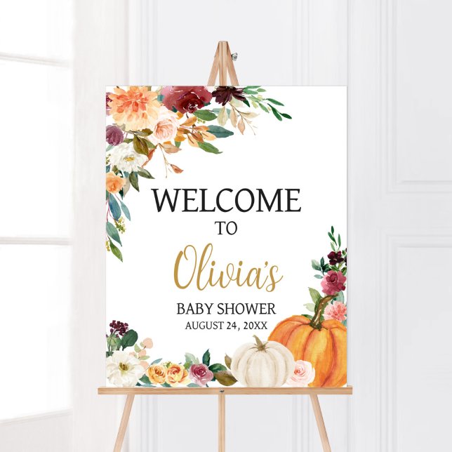Poster Chá de fraldas Floral Burgundy Pumpkin Bem-vindo (Pumpkin Baby Shower Welcome Sign)
