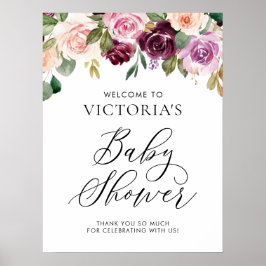 Poster Chá de fraldas Floral Elegante Burgundy Fall Bem-v