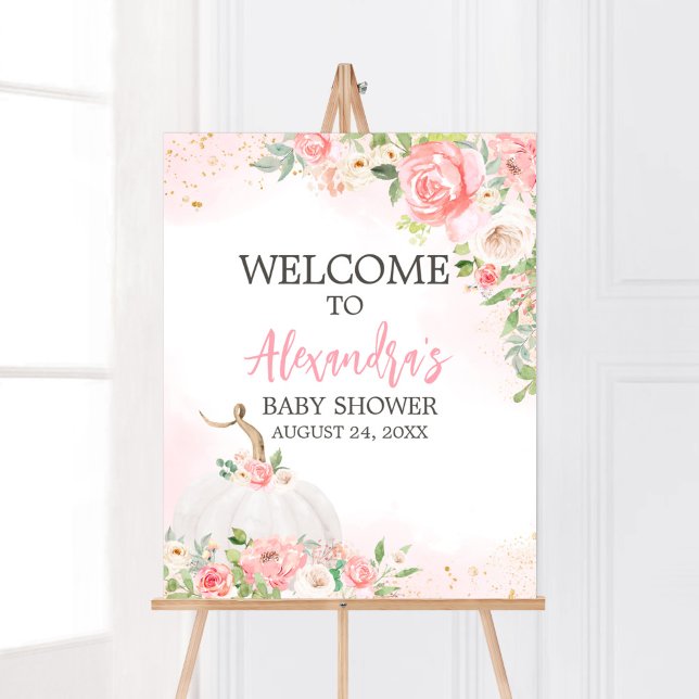 Poster Chá de fraldas Floral Fall Pumpkin Bem-vindo (Pink Pumpkin Baby Shower Welcome Sign)