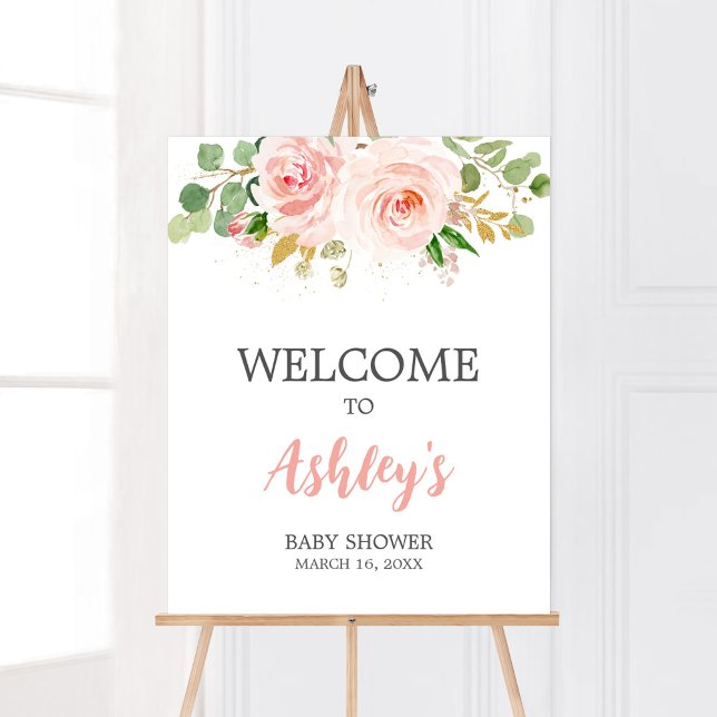 Poster Chá de fraldas Floral Rosa Bem-vindo (A Sweet Baby Girl Baby Shower Welcome Sign)