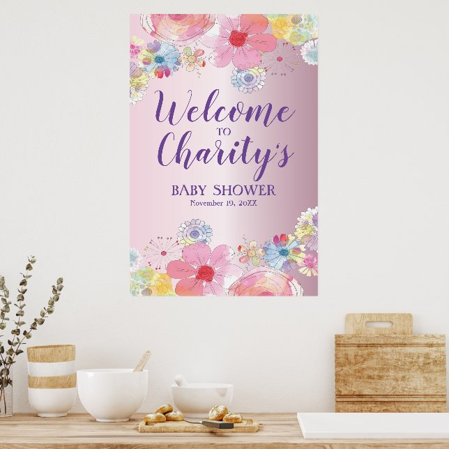 Poster Chá de fraldas Floral Rosa bonito (Cozinha)