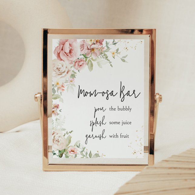 Poster Chá de fraldas Floral Rosa Dusty Mãe Bar Osa (Dusty Pink Floral Greenery Baby Shower Mom Osa Bar Sign)