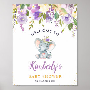 Poster chá de fraldas floral roxo de elefante bem-vindo