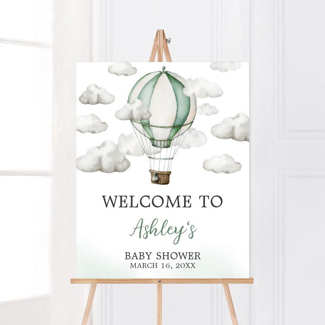 Poster Chá de fraldas Green Hot Air Balloon Bem-vindo (Gender Neutral Travel Baby Shower Welcome Sign)