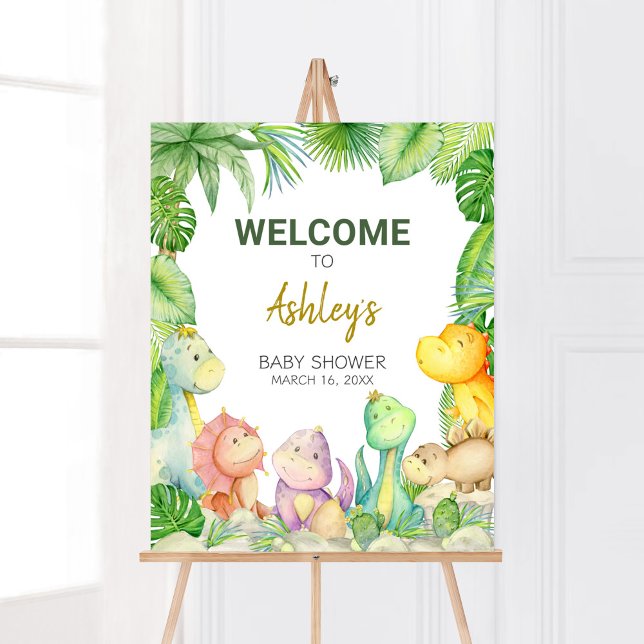 Poster Chá de fraldas Greenery Boy Dinossaur Bem-vindo (Rawr! It's a Boy Dino Baby Shower Welcome Sign)