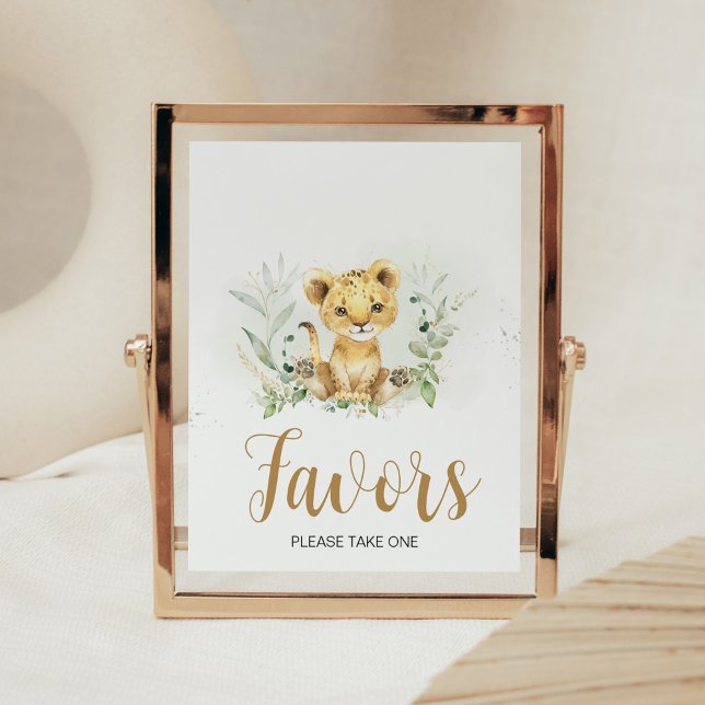Poster Chá de fraldas Greenery Lion Favoritos (Gender Neutral Lion Jungle Baby Shower Favors Sign)