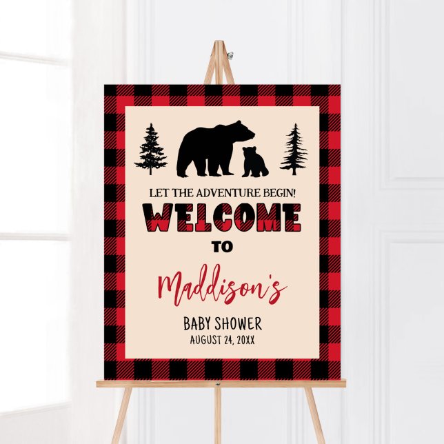 Poster Chá de fraldas Lumberjack do Cub do Urso xadrez Be (Bear Cub Plaid Lumberjack Baby Shower Welcome Sign)