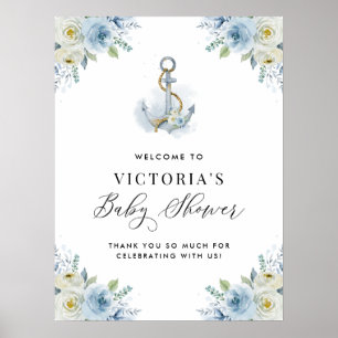 Poster Chá de fraldas Náutico Floral Azul e Branco Bem-vi