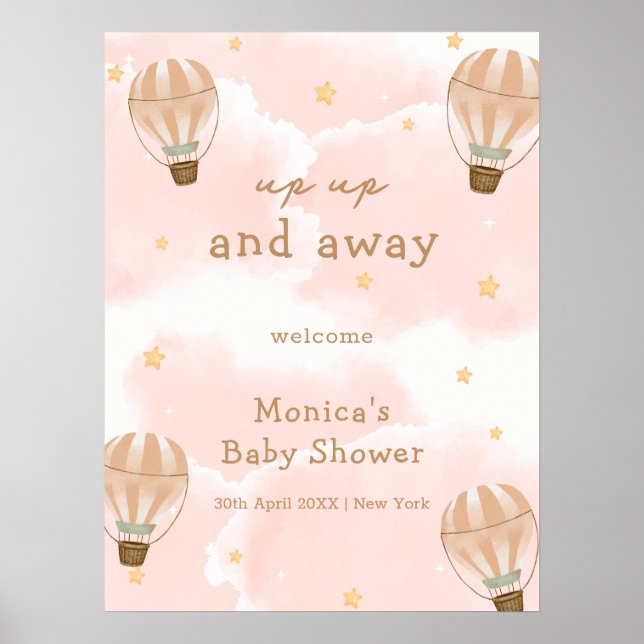 Poster Chá de fraldas Neutral Cloud Hot Air Balloon Bem-v (Frente)