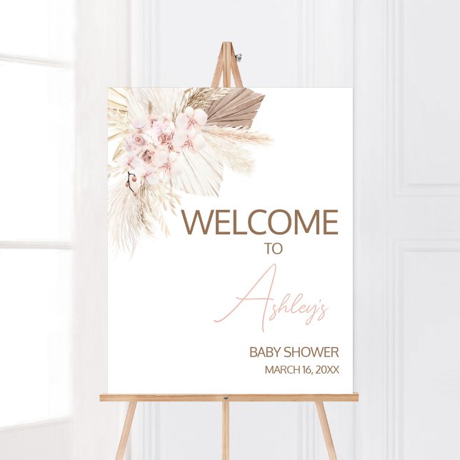 Poster Chá de fraldas Pampas Boho, cor-de-rosa (Girl Pampas Grass Baby Shower Welcome Sign)