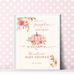 Poster Chá de fraldas Pumpkin de Boas-Vindas<br><div class="desc">Bonita cor-de-rosa e chá de fraldas pastel,  sinal de boas-vindas "Uma doce abóbora está a caminho",  que inclui as composições de abóbora e design de flores.</div>