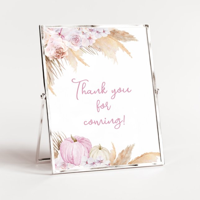 Poster Chá de fraldas Pumpkin de Boho Rosa Obrigado por v (Boho Pampas Grass Baby Shower Thank You for Coming Sign)