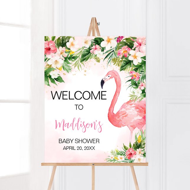 Poster Chá de fraldas rosa Aloha Flamingo Bem-vindo (Girl Floral Flamingle Baby Shower Welcome Sign)