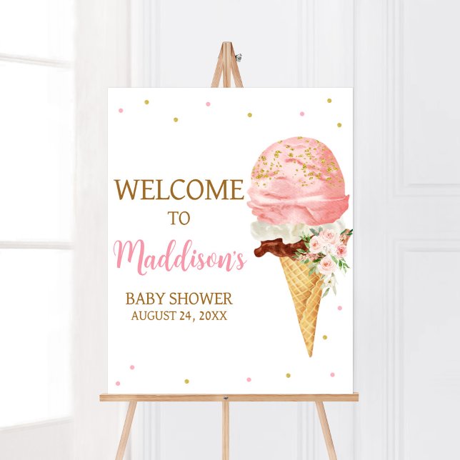 Poster Chá de fraldas rosa bem-vindo (Here is the Scoop Baby Shower Welcome Sign)