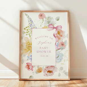 Poster Chá de fraldas rosa bonito de flor silvestre, cor-