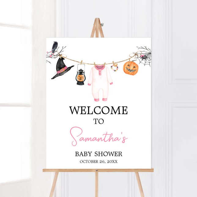 Poster Chá de fraldas Rosa Boo Halloween Bem-vindo (Halloween Baby Clothes Baby Shower Welcome Sign)