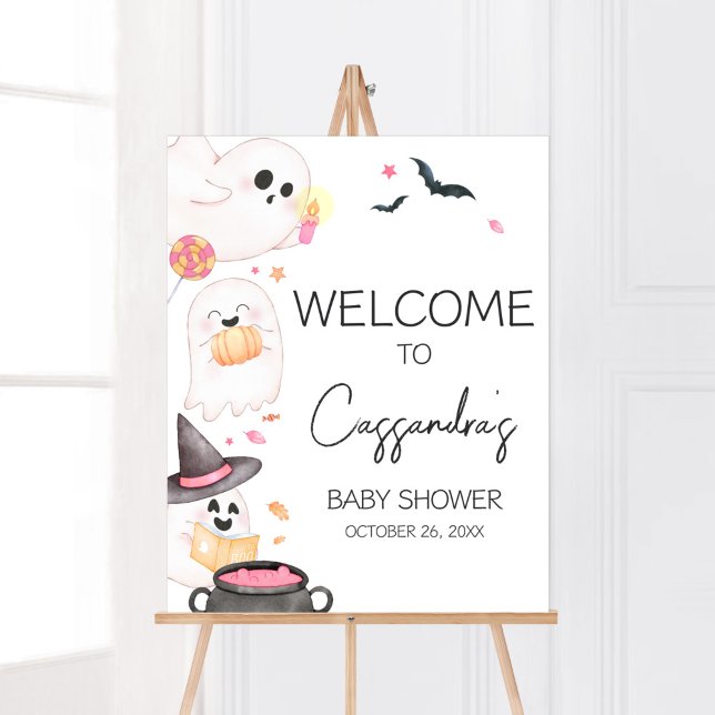 Poster Chá de fraldas Rosa Boo Halloween Bem-vindo (Pink Little Boo Baby Shower Welcome Sign)