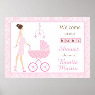 Poster Chá de fraldas rosa Damask Brunette Woman