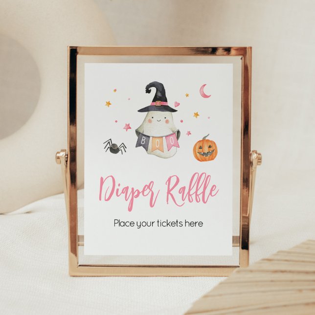 Poster Chá de fraldas Rosa do Halloween Ghost Little Boo (Little Boo Baby Shower Diaper Raffle Sign)