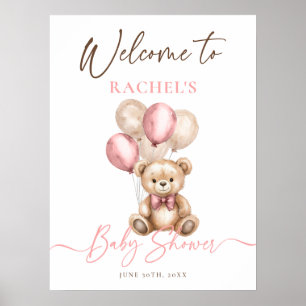Poster Chá de fraldas Rosa dos Balões do Urso Teddy Bem-v