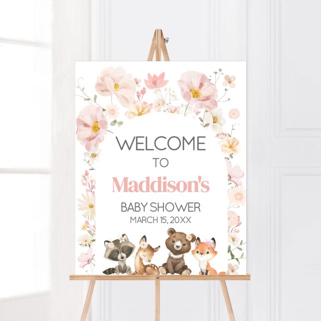 Poster Chá de fraldas Rosa Floral Florestal Animais Bem-v (Pink Flower Woodland Animals Baby Shower Welcome Sign)