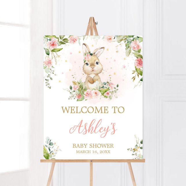 Poster Chá de fraldas Rosa Floral Pequeno Coelhinho Bem-V (Girl Peter Rabbit Baby Shower Welcome Sign)