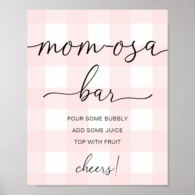 Poster Chá de fraldas Rosa Gingham Sinal de Bar Mãe-osa (Frente)