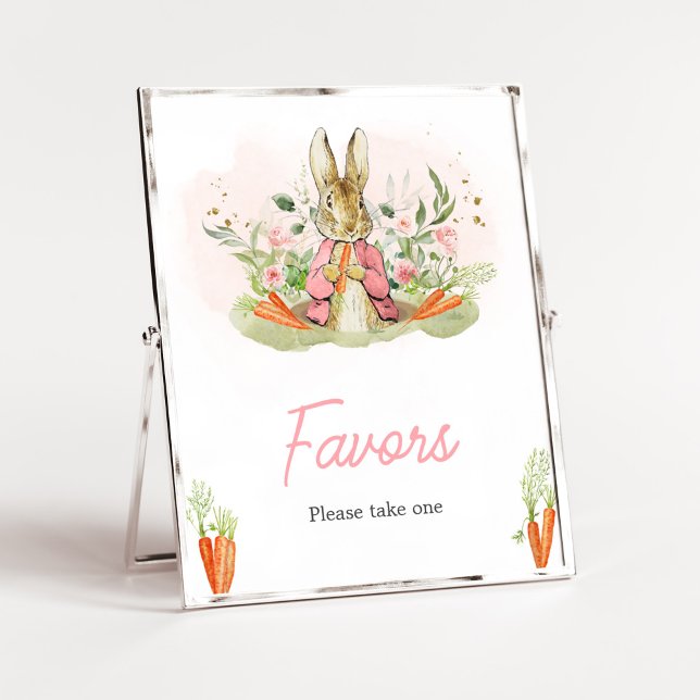 Poster Chá de fraldas Rosa Peter Rabbit Favoritos (A Little Bunny Spring Baby Shower Favor Sign)