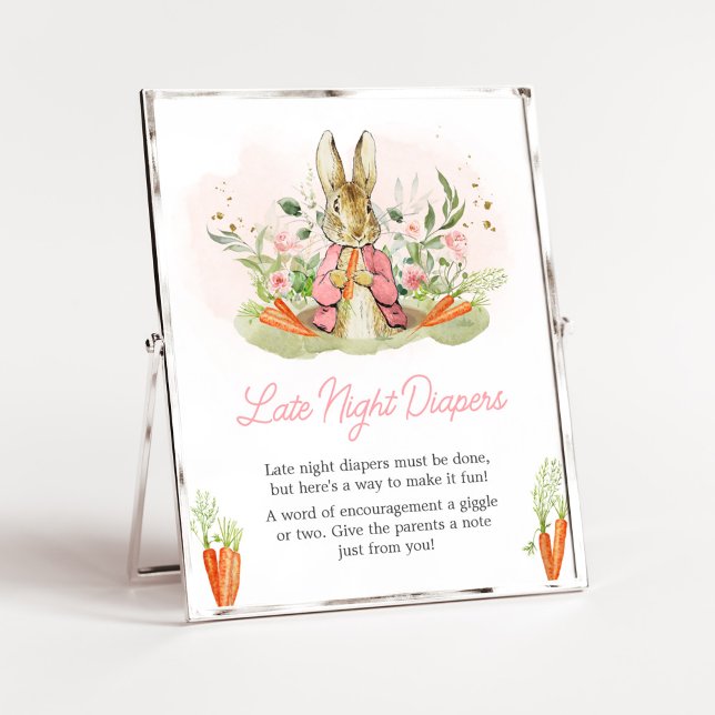 Poster Chá de fraldas Rosa Peter Rabbit Fraldas Noturnas  (A Little Bunny Spring Baby Shower Late Night Diapers Sign)