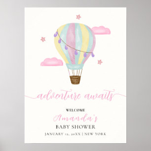 Poster Chá de fraldas rosa Rainbow Hot Air Balloon