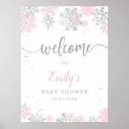 Poster Chá de fraldas Rosa Silver Snowflakes Boas-vindas
