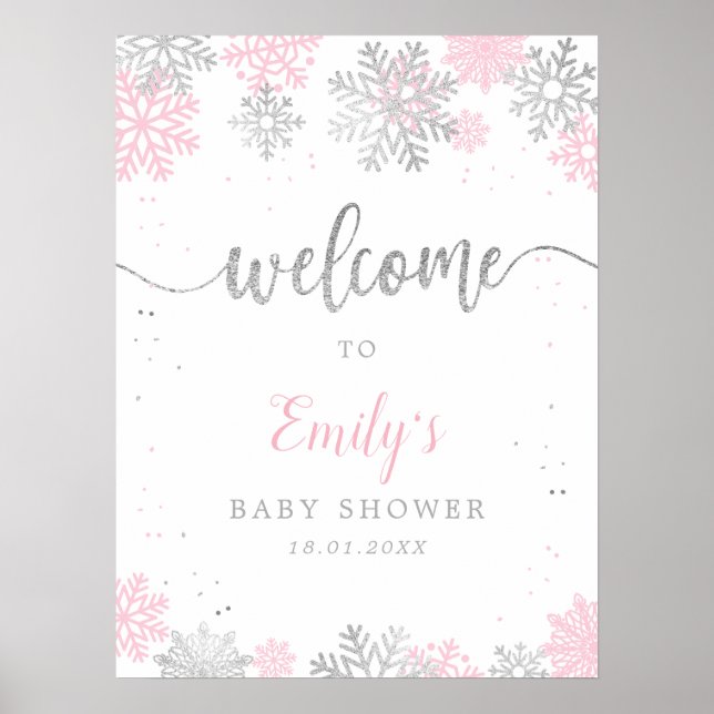 Poster Chá de fraldas Rosa Silver Snowflakes Boas-vindas (Frente)