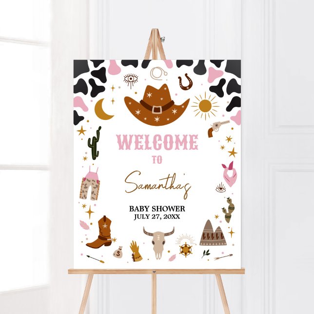 Poster Chá de fraldas Rosa Western Cowgirl Bem-vindo (Boho Wild West Rodeo Baby Shower Welcome Sign)