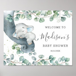 Poster Chá de fraldas Rustic Greenery Cute Elephant Welco