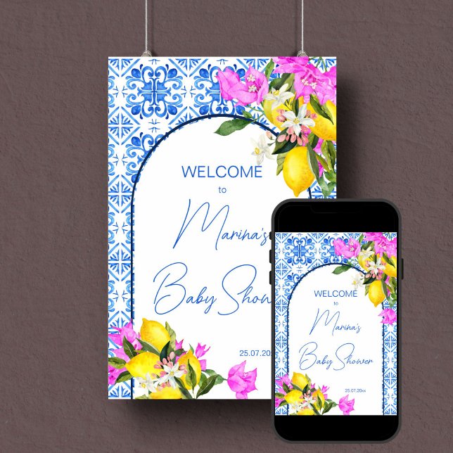 Poster Chá de fraldas sinal de boas-vindas Azulejos Azuis (Baby Shower welcome sign Blue Tiles Lemons editable template welcome sign poster digital download)