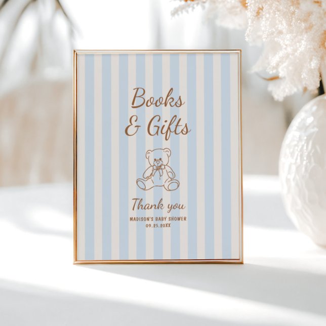 Poster Chá de fraldas Teddy Bear Tan Blue Stripes (Criador carregado)