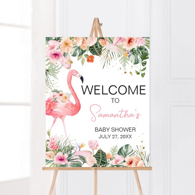 Poster Chá de fraldas Tropical Flamingo Bem-vindo (Floral Flamingle Baby Shower Welcome Sign)