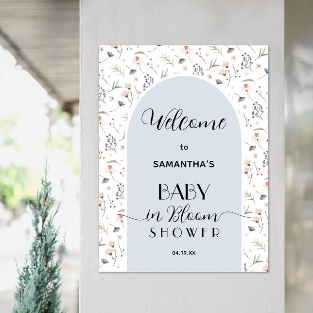 Poster Chá de fraldas Wildflower Boy Welcome (Wildflower blue boy baby shower welcome poster, PRINTED and/or INSTANT DOWNLOAD)