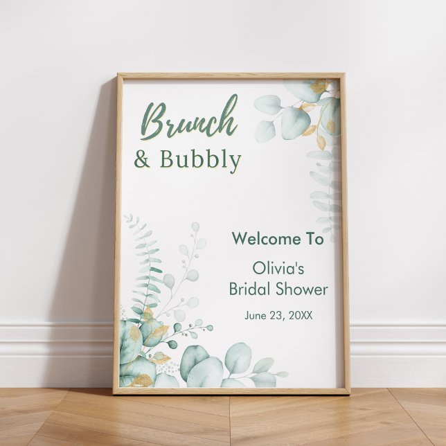 Poster Chá de Noiva Brunch & Bubbly com Eucalipto Bem-vin (Botanical Eucalyptus Gold Brunch & Bubbly Bridal Shower Welcome Sign )
