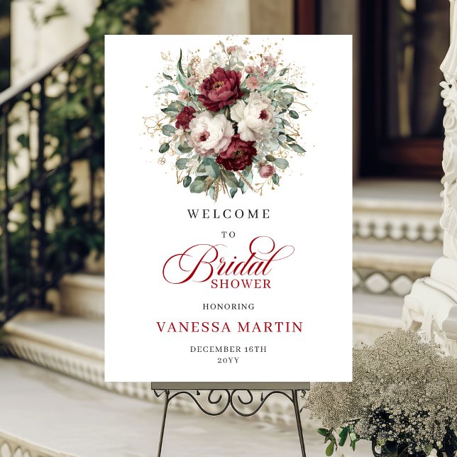 Poster Chá de Noiva Burgundy Marrom com Flores Bem-vindo (Burgundy Maroon Floral Bridal Shower Welcome)