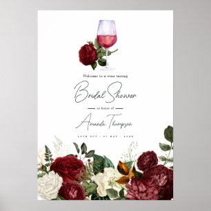 Poster Chá de Noiva de Degustação de Vinho Floral Burgund