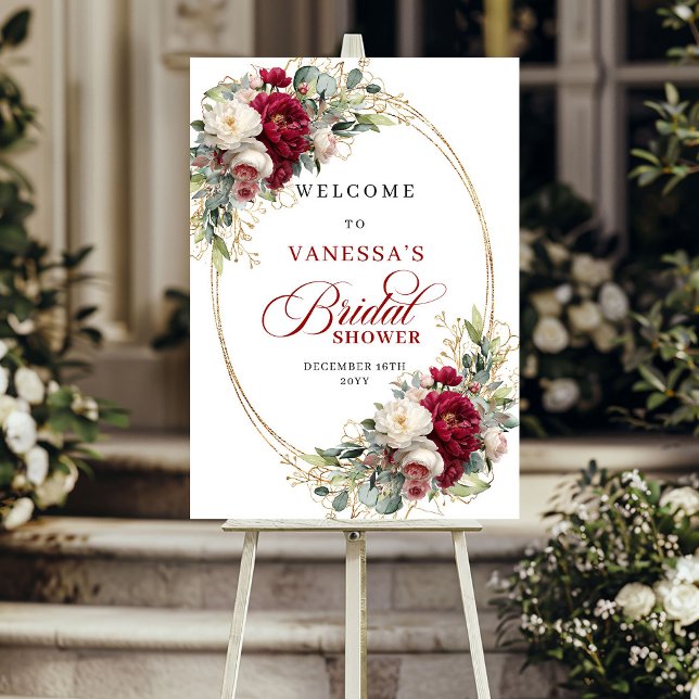 Poster Chá de noiva floral branco borgonha dourado folhag (Burgundy white floral gold greenery bridal shower welcome

)