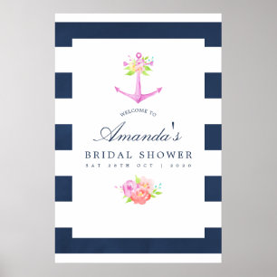 Poster Chá de Noiva Floral Náutico em Aquarela