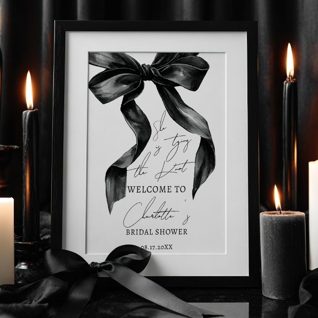 Poster Chá de panela Chic Black Tying Knot Bem-vindo (Chic Black Bow Tying Knot Bridal Shower Welcome Poster)